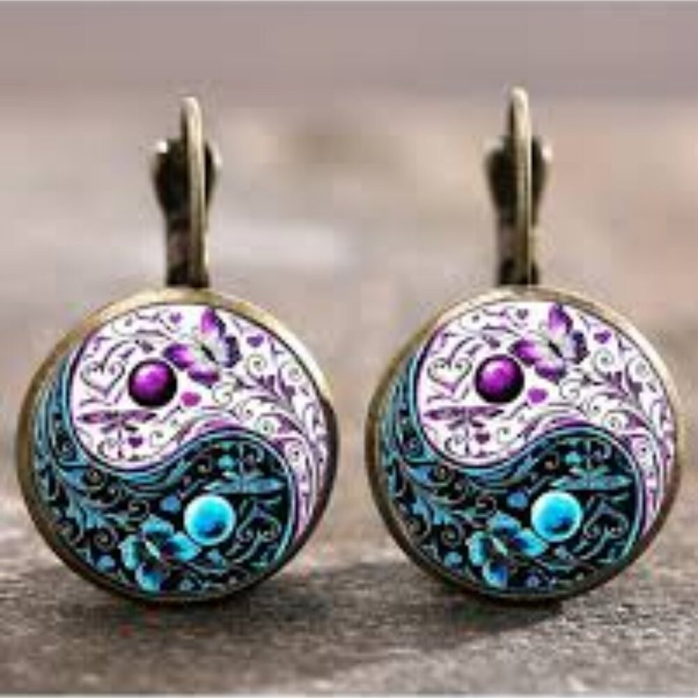 NEW Yin Yang Butterfly Purple-Pink Blue Bronze Hippie Boho Pierced Drop Earrings